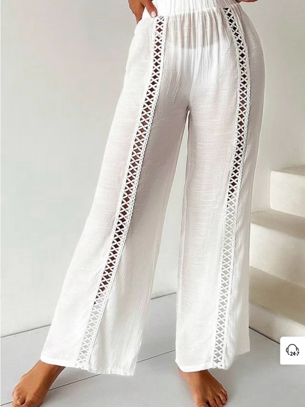 White Crosshatch Cutout Straight Leg Cover-Up Pants
